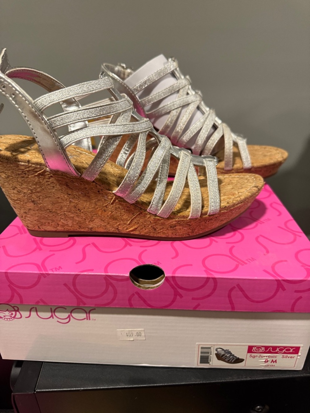 Sugar Silver Metallic Strappy Cork Wedge Sandals